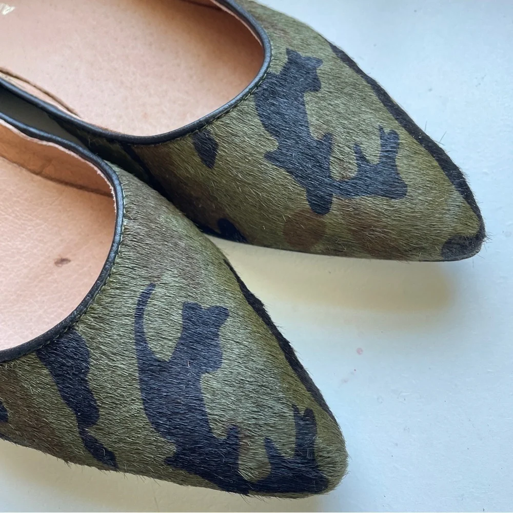 Anthropologie All Black Jungle Ballet Flats Camo Pointy-tow Calfhair slip-ons 8